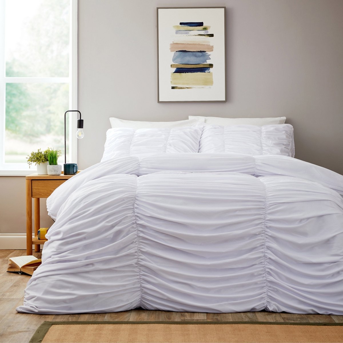 OLIVIA ROCCO Ruched White Microfibre Duvet Cover Set With Pillowcases Ruffle Bedding - Joe’s Haven