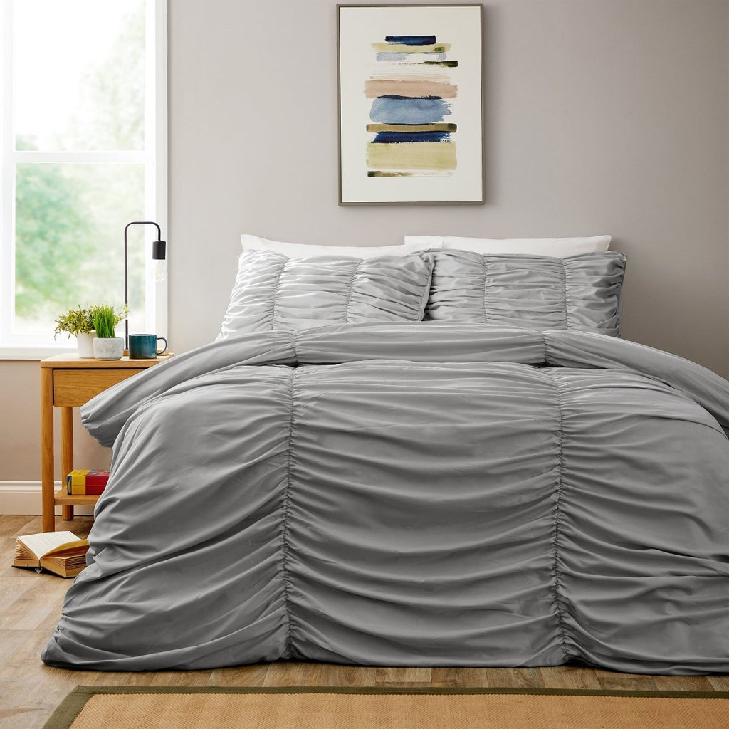 OLIVIA ROCCO Ruched Grey Microfibre Duvet Cover Set With Pillowcases Easy Care Bedroom Refresh Easy - Care Comfort - Joe’s Haven