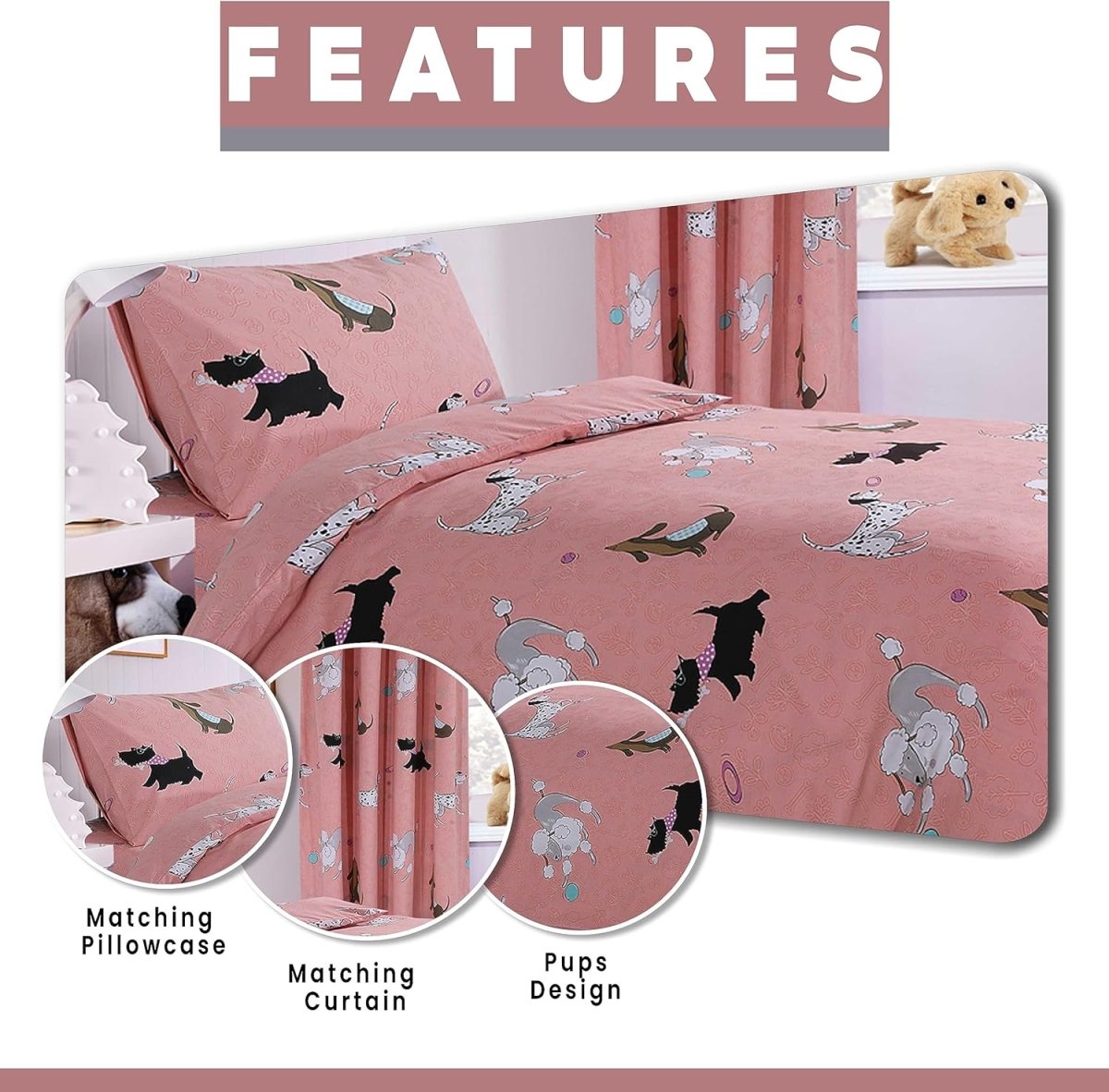 OLIVIA ROCCO Pink Dog Print Duvet Cover Set With Matching Curtains Cotton Blend Bedding - Joe’s Haven