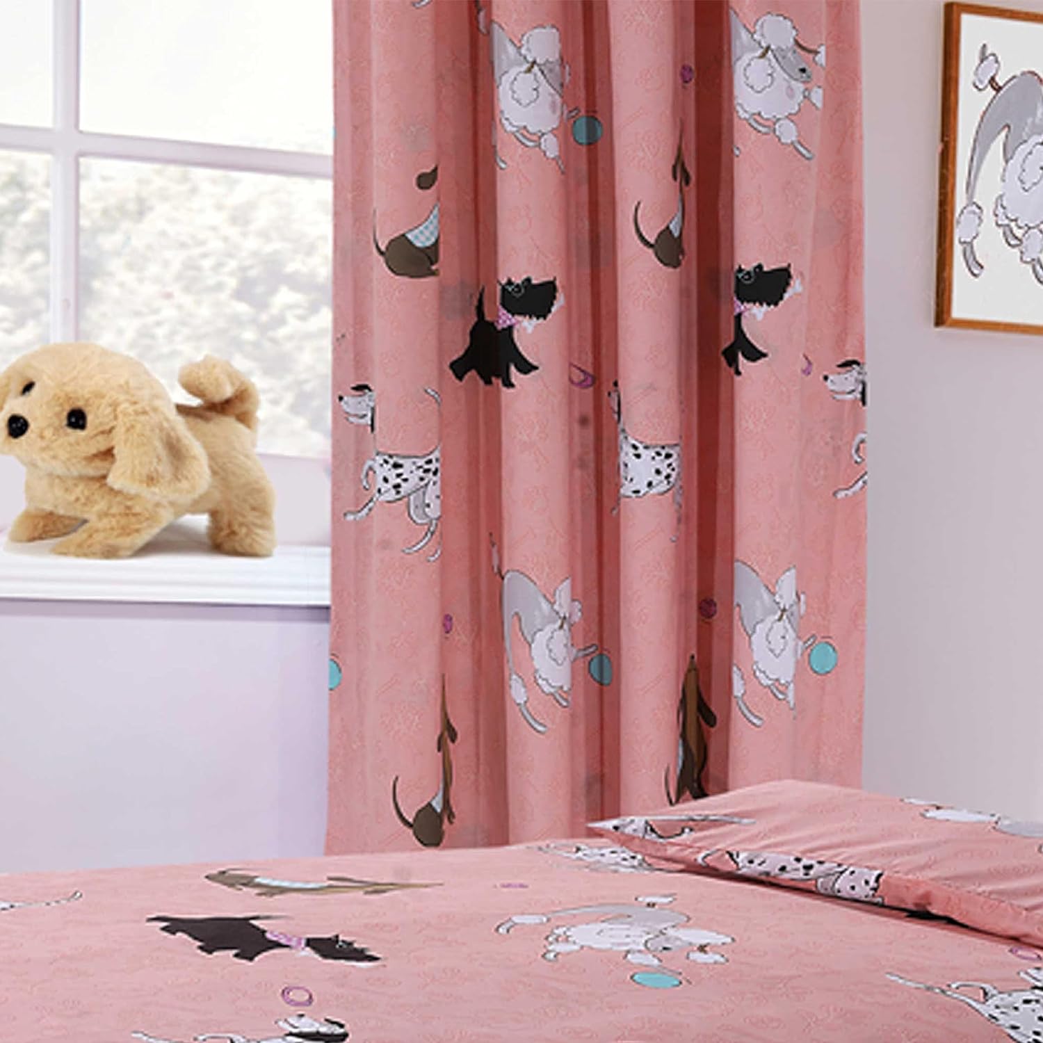 OLIVIA ROCCO Pink Dog Print Duvet Cover Set With Matching Curtains Cotton Blend Bedding - Joe’s Haven