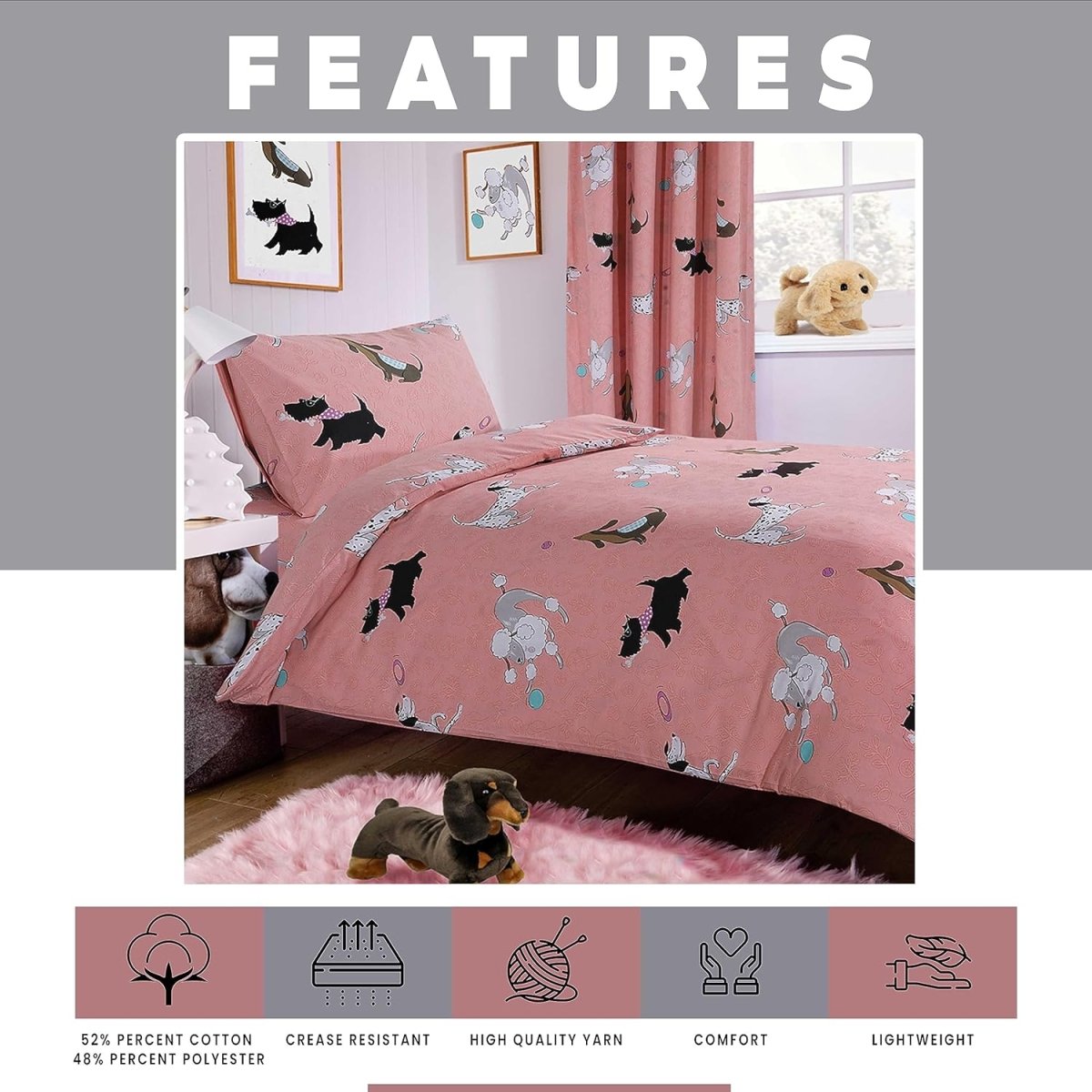 OLIVIA ROCCO Pink Dog Print Duvet Cover Set With Matching Curtains Cotton Blend Bedding - Joe’s Haven
