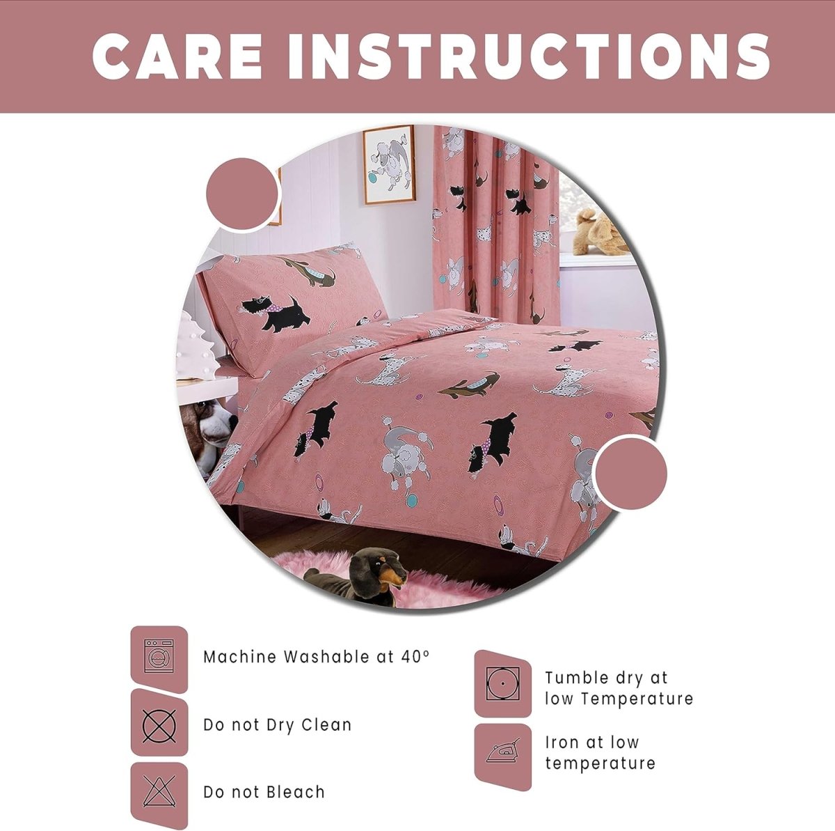OLIVIA ROCCO Pink Dog Print Duvet Cover Set With Matching Curtains Cotton Blend Bedding - Joe’s Haven