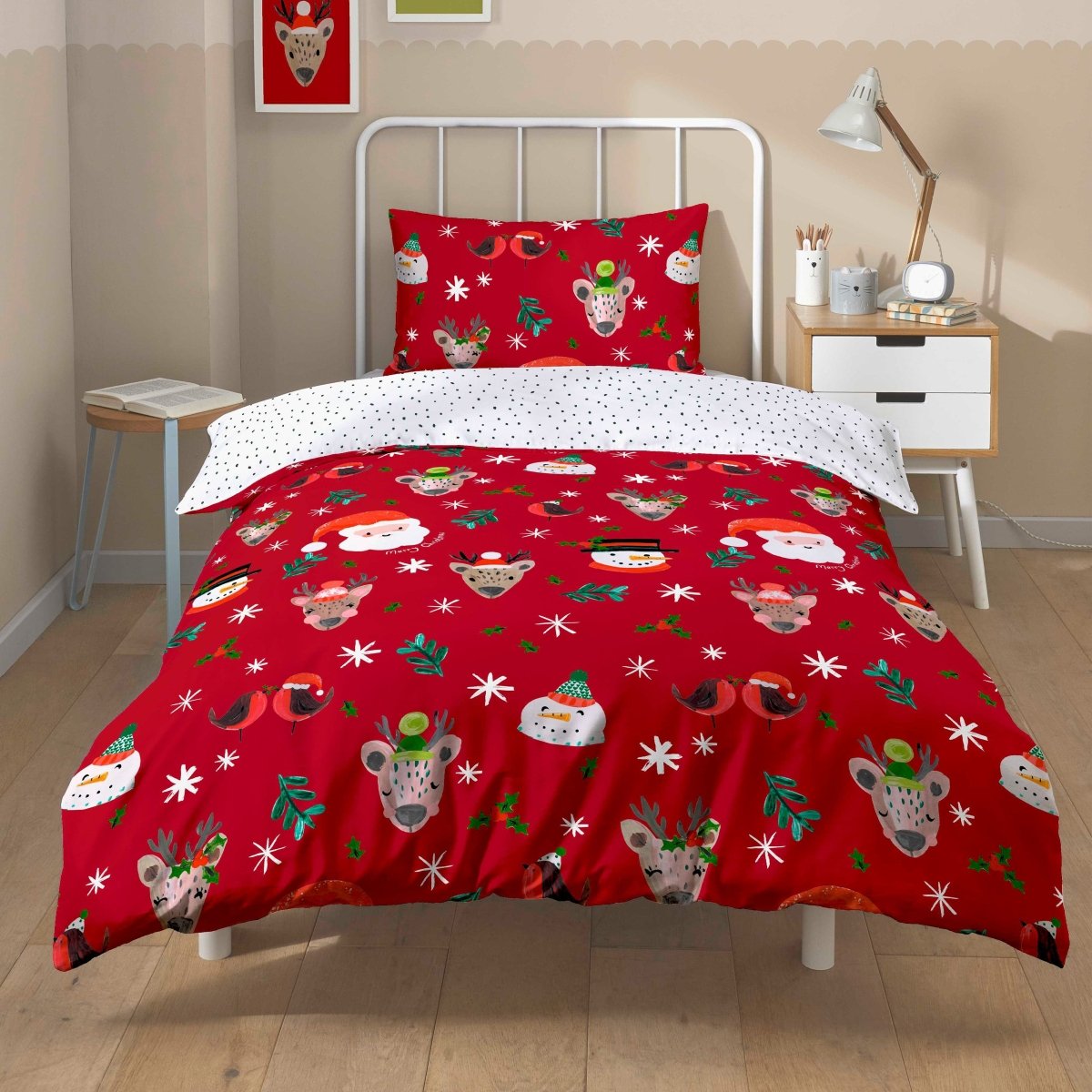 OLIVIA ROCCO Santa Duvet Cover Set With Pillowcases Reversible Xmas Snow - White Design - Joe’s Haven