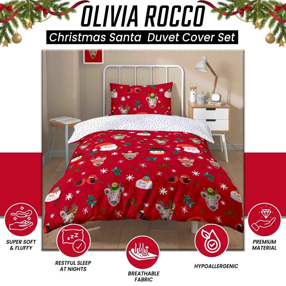 OLIVIA ROCCO Santa Duvet Cover Set With Pillowcases Reversible Xmas Snow - White Design - Joe’s Haven