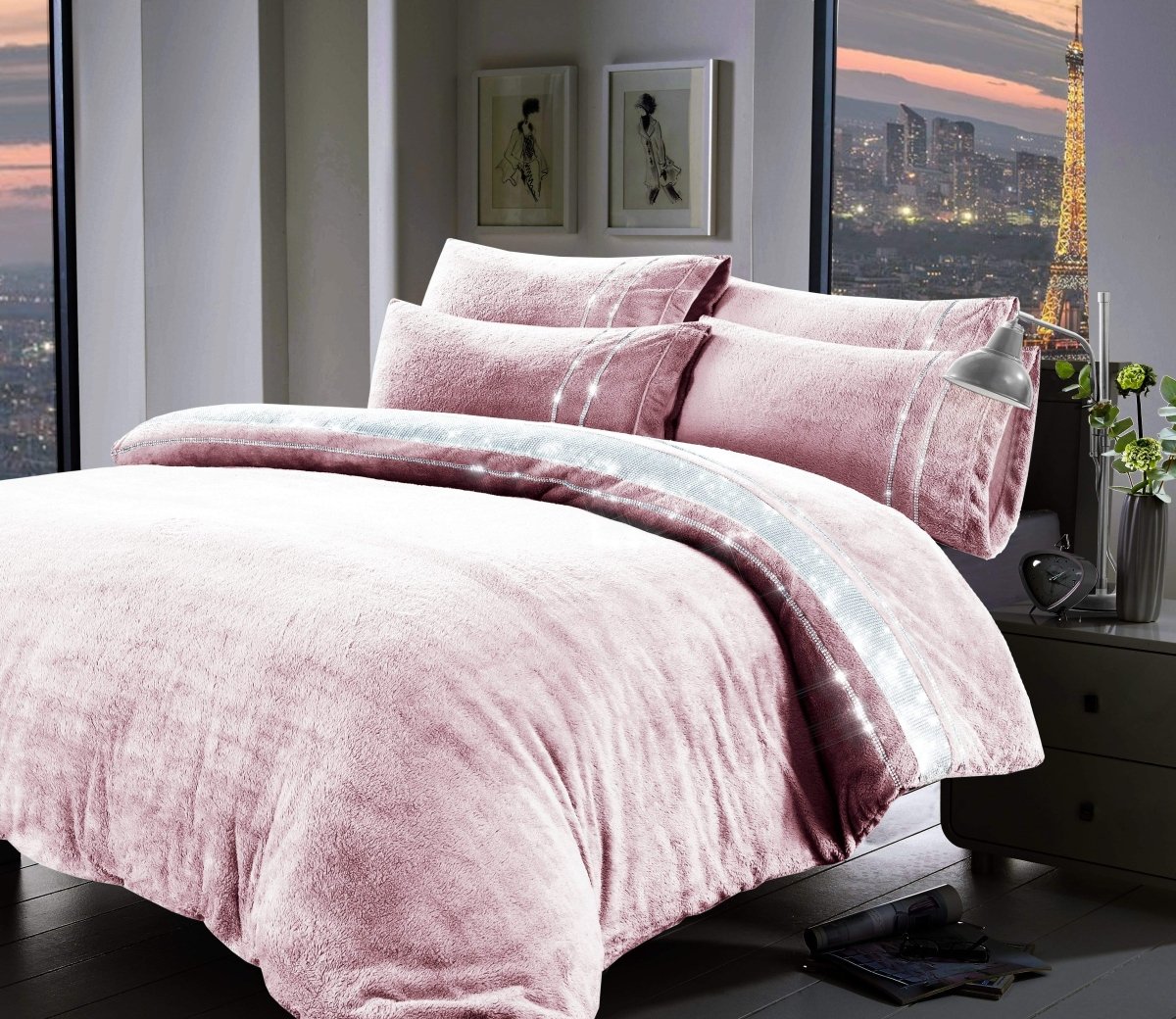 OLIVIA ROCCO Paris Glitz Teddy Fleece Duvet Set Diamante Detailing Super Soft Faux Fur - Joe’s Haven