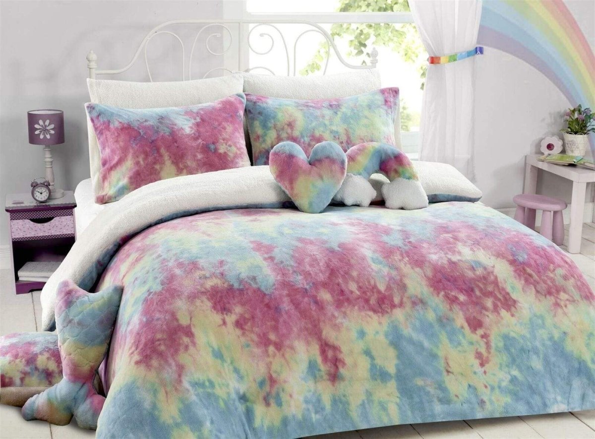 OLIVIA ROCCO Tie Dye Rainbow Teddy Fleece Duvet Set for Kids Reversible Bedding for a Hotel - Style Bedroom Refresh - Joe’s Haven