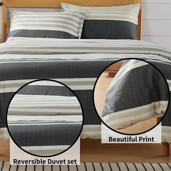 OLIVIA ROCCO Duvet Cover Set Miami Stripes Reversible Hypoallergenic Cotton Blend Grey Super Soft Hotel - Style Finish - Joe’s Haven