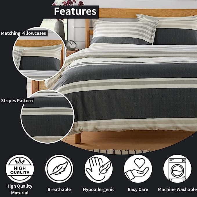 OLIVIA ROCCO Duvet Cover Set Miami Stripes Reversible Hypoallergenic Cotton Blend Grey Super Soft Hotel - Style Finish - Joe’s Haven