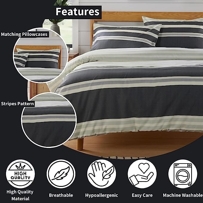 OLIVIA ROCCO Duvet Cover Set Miami Stripes Reversible Hypoallergenic Cotton Blend Grey Super Soft Hotel - Style Finish - Joe’s Haven