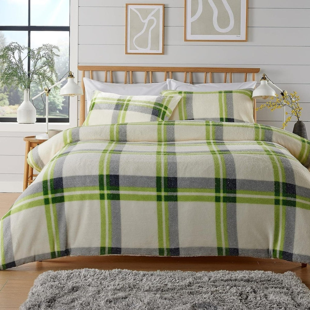 OLIVIA ROCCO Orkney Check Fleece Duvet Set Grey Green Easy Care Wrinkle Resistant - Joe’s Haven