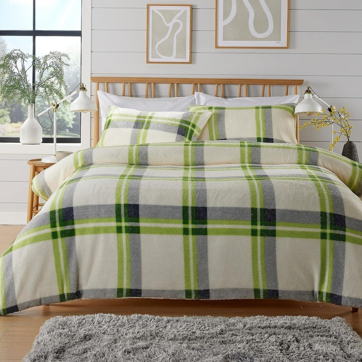 OLIVIA ROCCO Orkney Check Fleece Duvet Set Grey Green Easy Care Wrinkle Resistant - Joe’s Haven