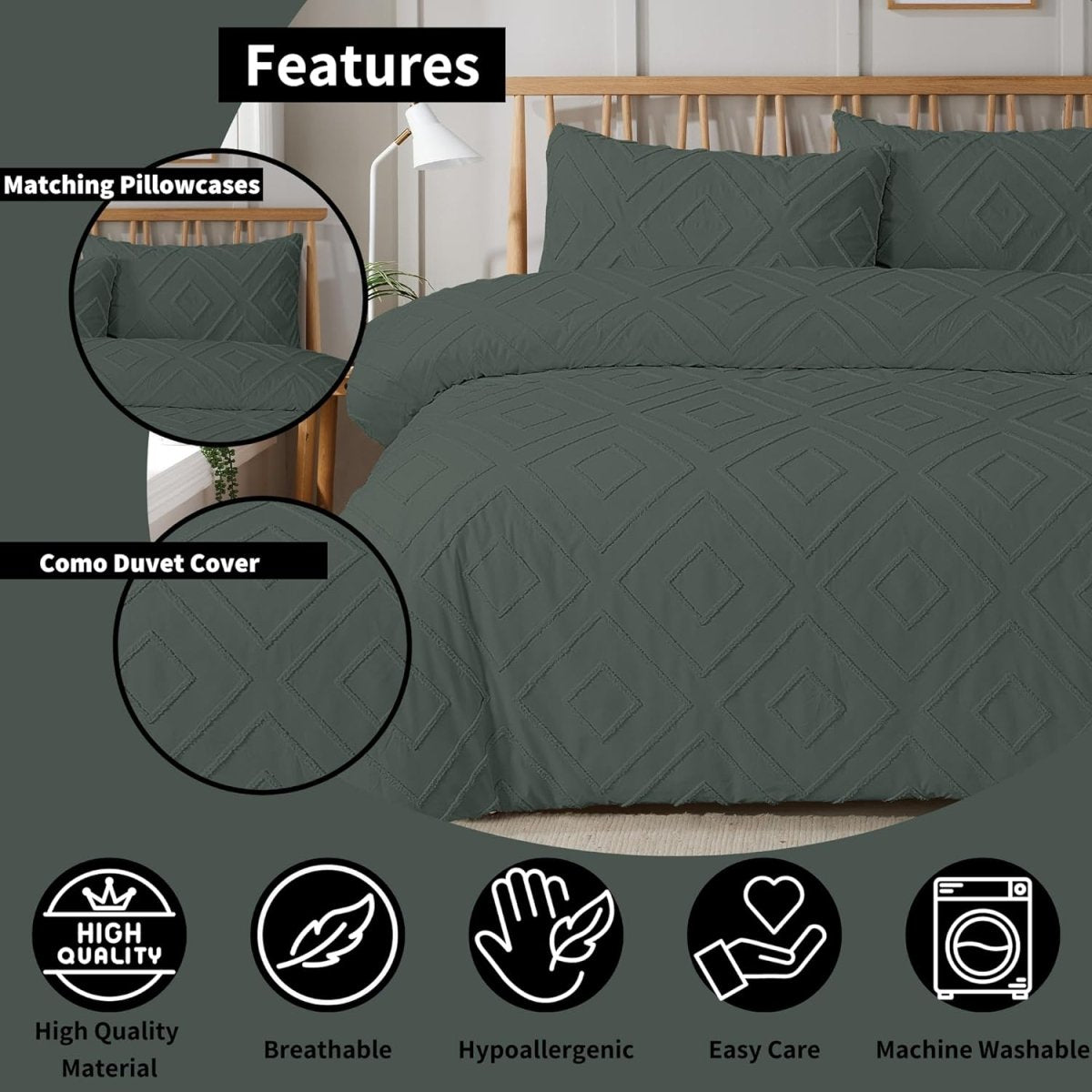 OLIVIA ROCCO Como Tufted Duvet Cover Set With Pillowcases Grey Natural White Easy Care - Joe’s Haven