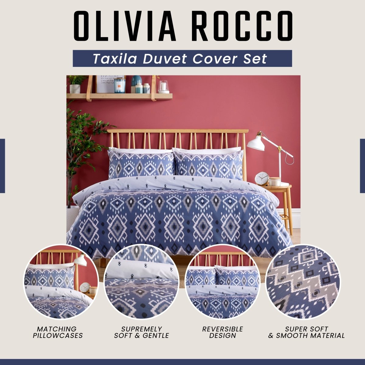 OLIVIA ROCCO Taxila Duvet Cover Set Easy Care Reversible Cotton Mix Super Soft for Everyday Luxury Hotel - Style - Joe’s Haven