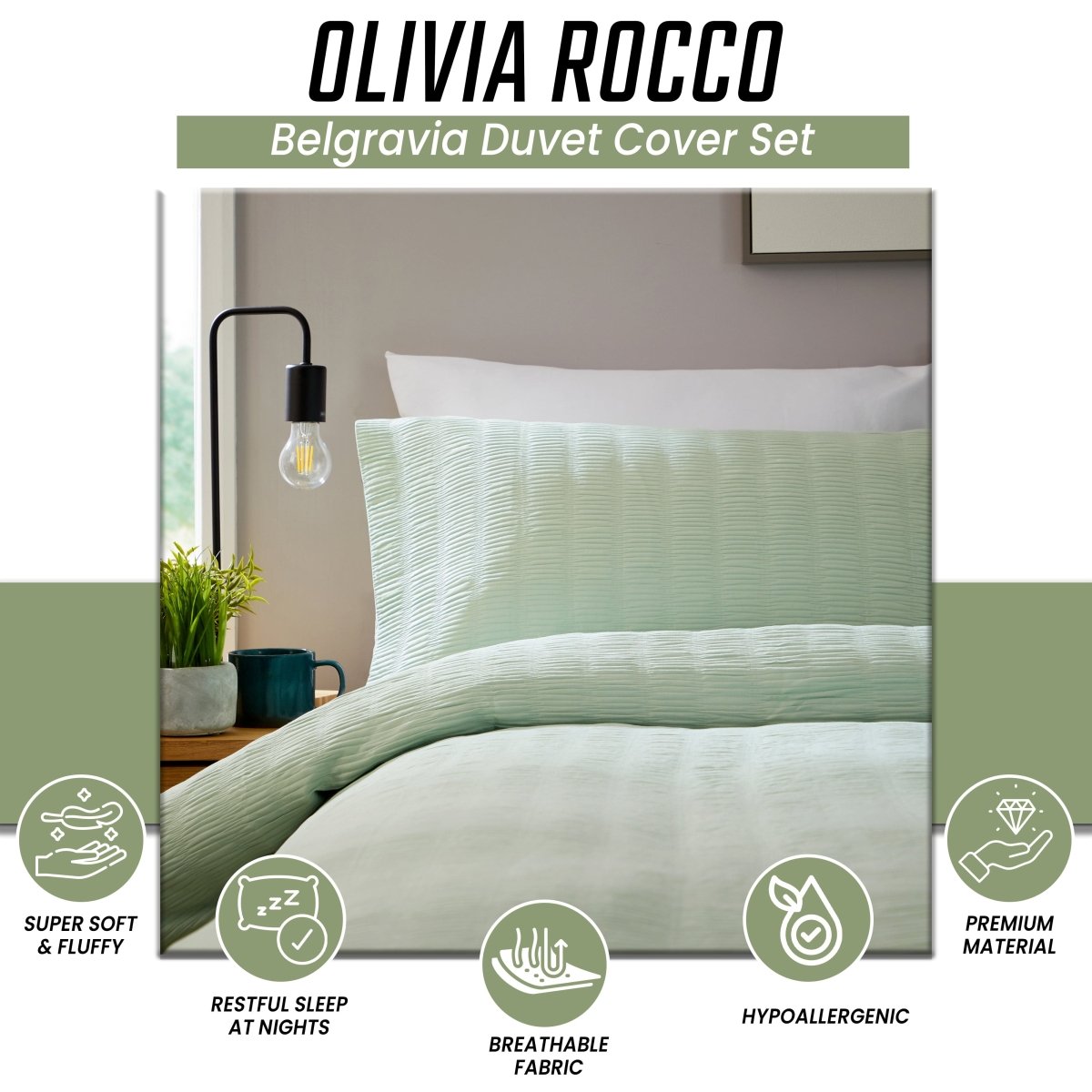 OLIVIA ROCCO Belgravia Sage Green Microfibre Duvet Cover Set With Pillowcases Easy Care - Joe’s Haven
