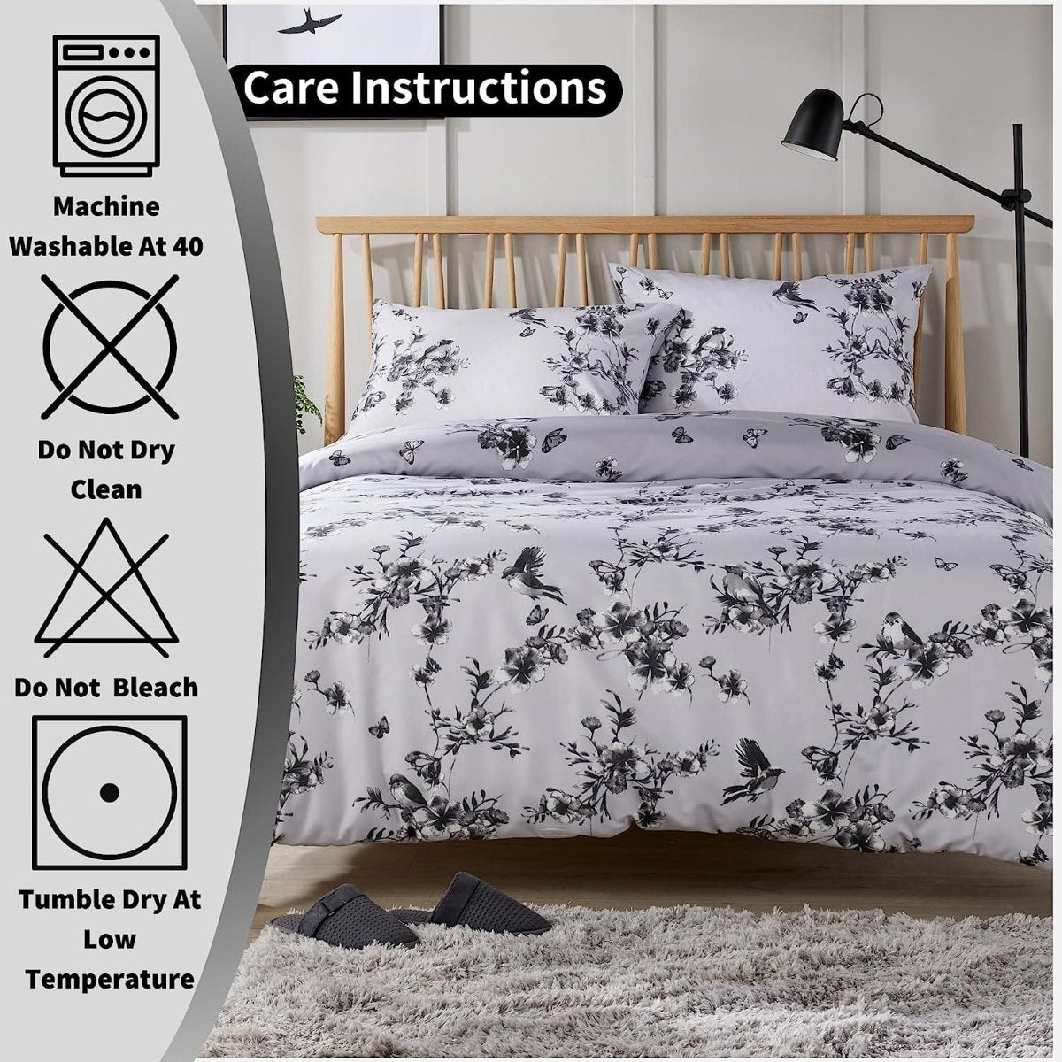 OLIVIA ROCCO Blossom Grey Printed Reversible Quilted Duvet Cover Set Easy Care Hotel - Quality Easy - Care Bedroom - Joe’s Haven