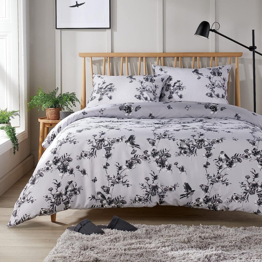 OLIVIA ROCCO Blossom Grey Printed Reversible Quilted Duvet Cover Set Easy Care Hotel - Quality Easy - Care Bedroom - Joe’s Haven