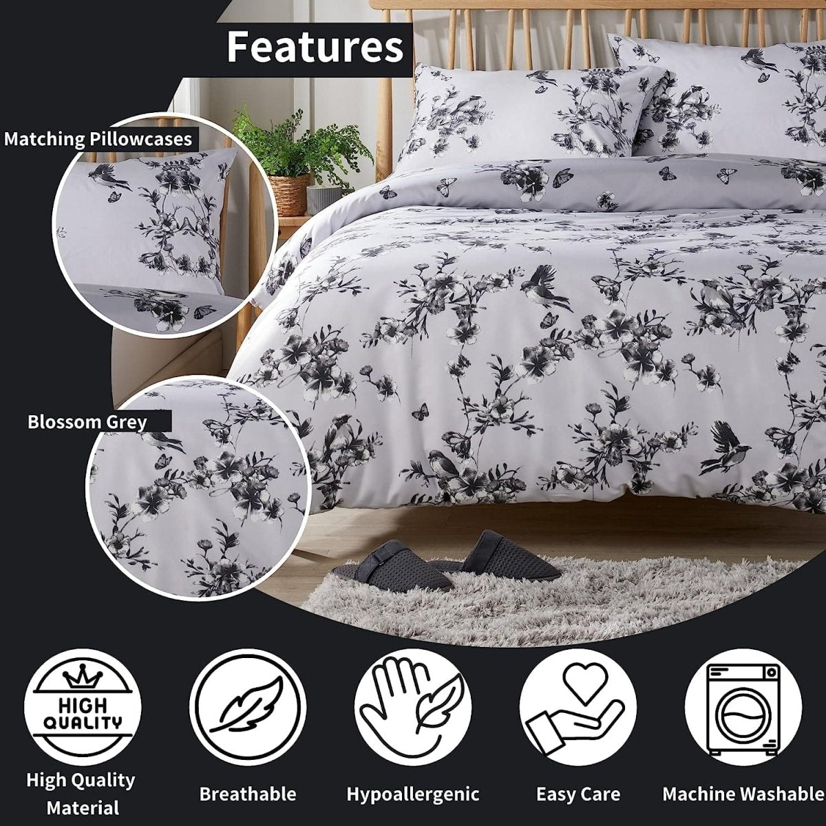 OLIVIA ROCCO Blossom Grey Printed Reversible Quilted Duvet Cover Set Easy Care Hotel - Quality Easy - Care Bedroom - Joe’s Haven