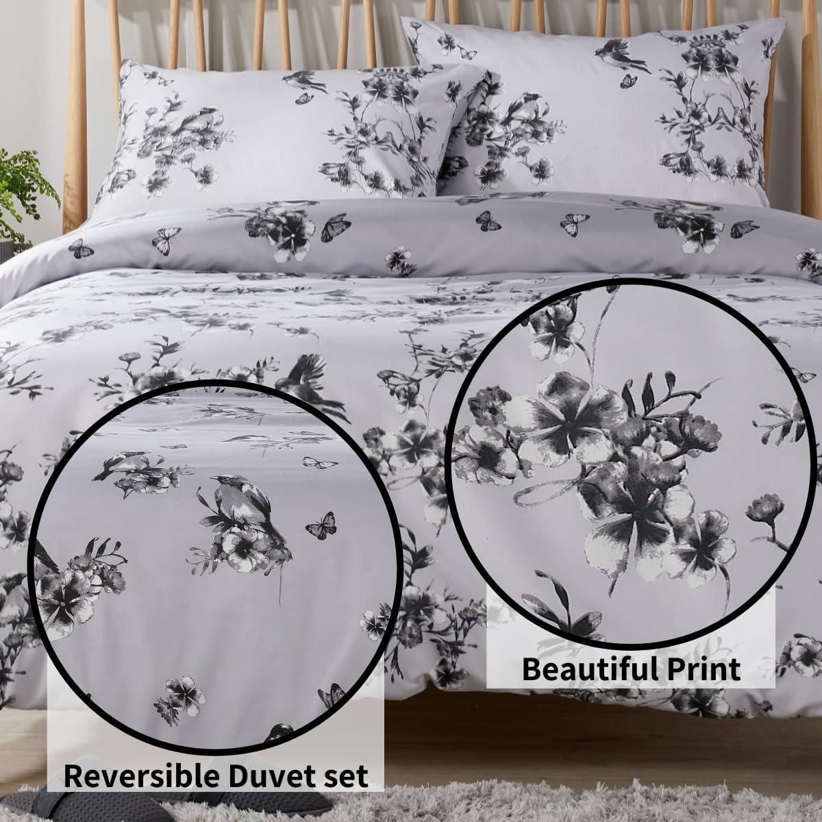 OLIVIA ROCCO Blossom Grey Printed Reversible Quilted Duvet Cover Set Easy Care Hotel - Quality Easy - Care Bedroom - Joe’s Haven