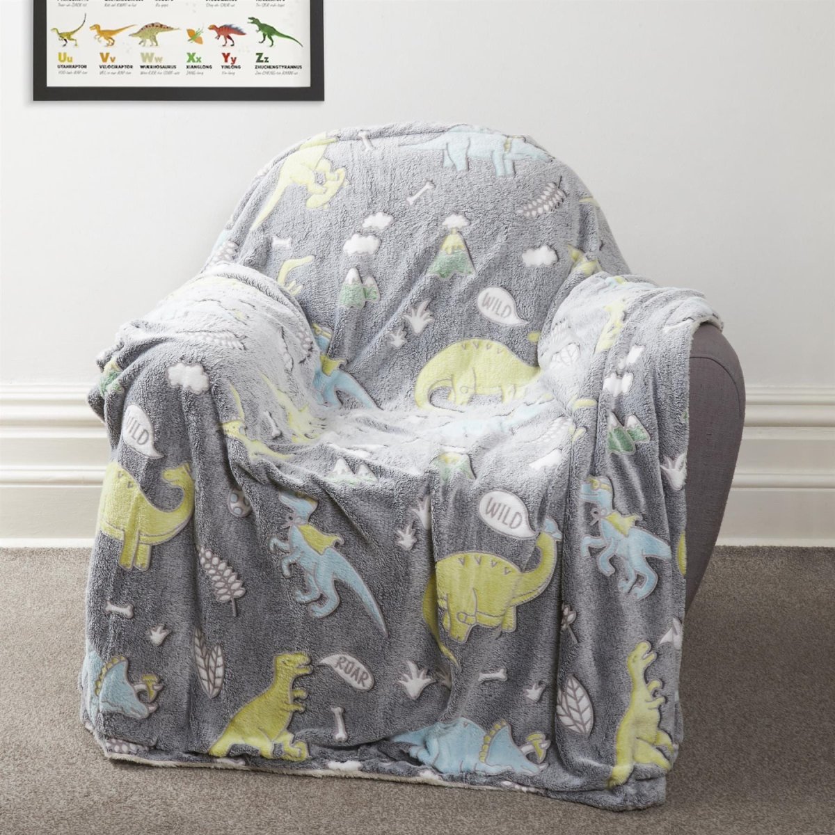 OLIVIA ROCCO Dinosaur Glow In The Dark Teddy Fleece Duvet Set With Bed Throw And Cushion - Joe’s Haven