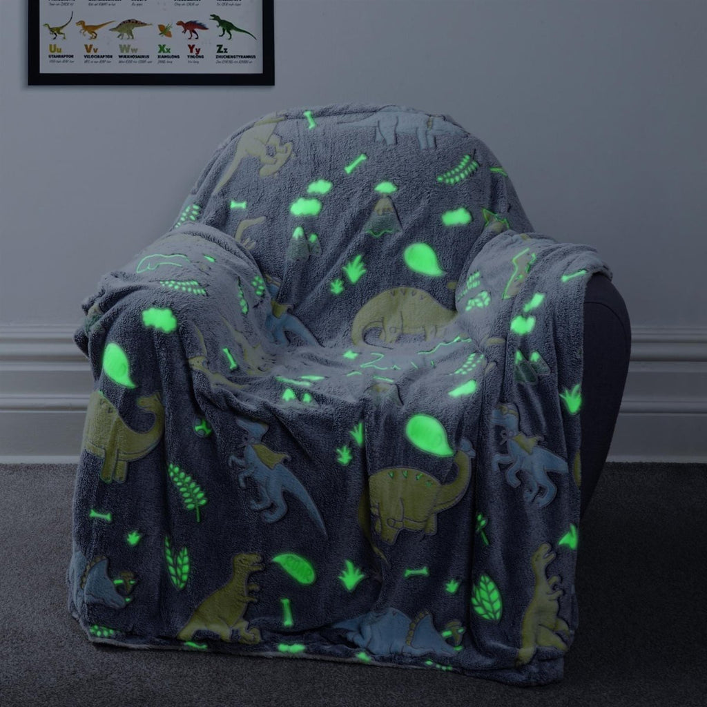 OLIVIA ROCCO Dinosaur Glow In The Dark Teddy Fleece Duvet Set With Bed Throw And Cushion - Joe’s Haven