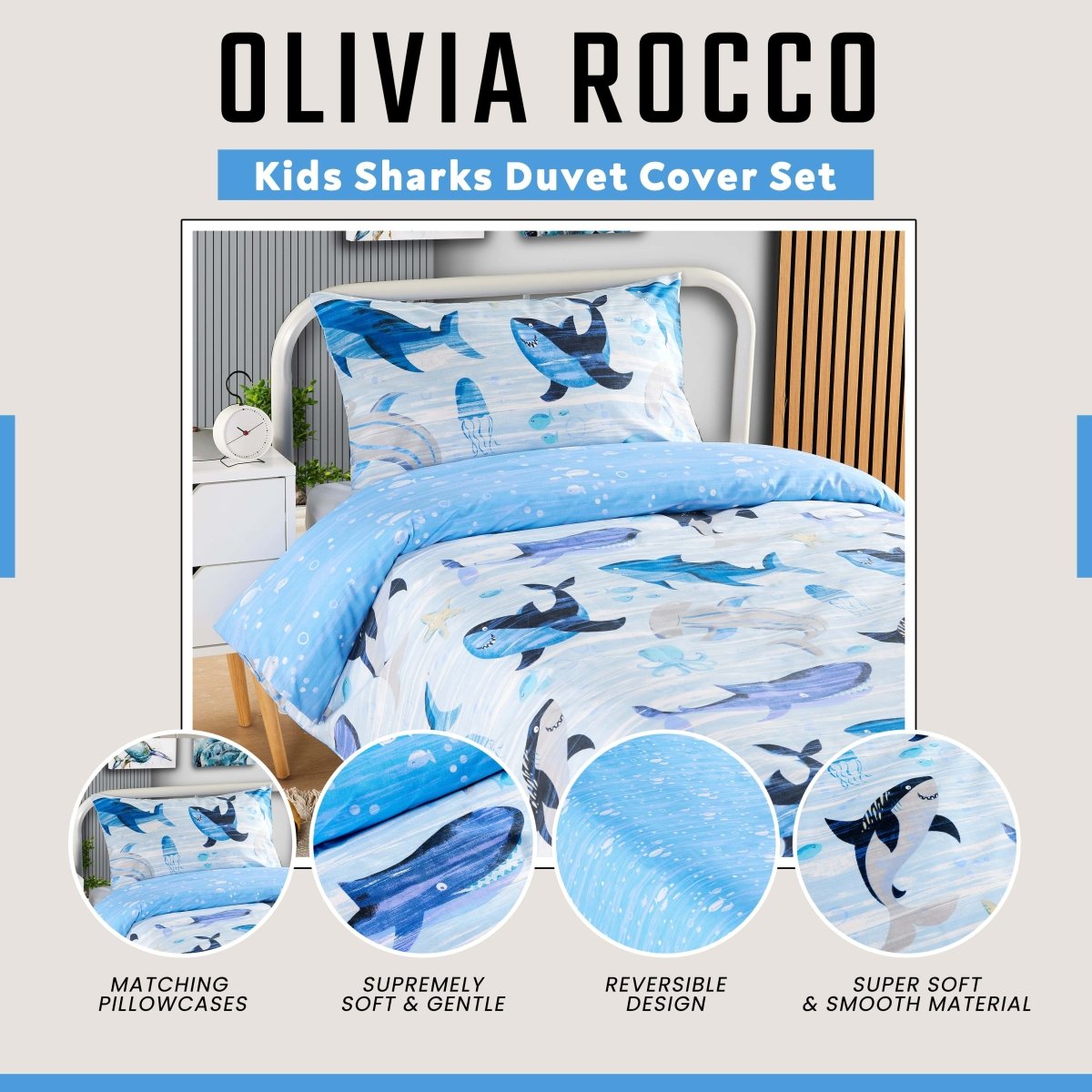 OLIVIA ROCCO Duvet Cover Set For Kids For Boys And Girls Sharks And Whales Reversible - Joe’s Haven