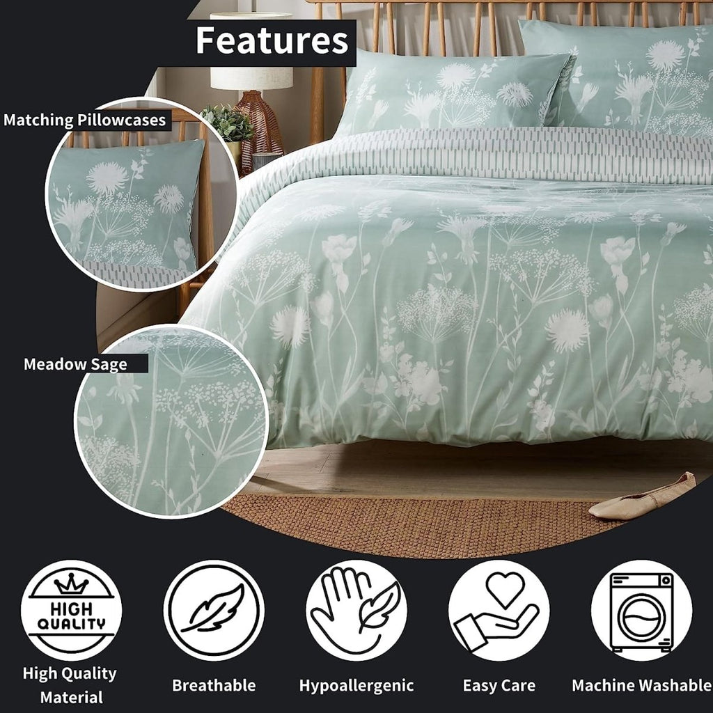 OLIVIA ROCCO Duvet Cover Set Meadow Sage Green Printed Reversible Quilted Easy Care - Joe’s Haven