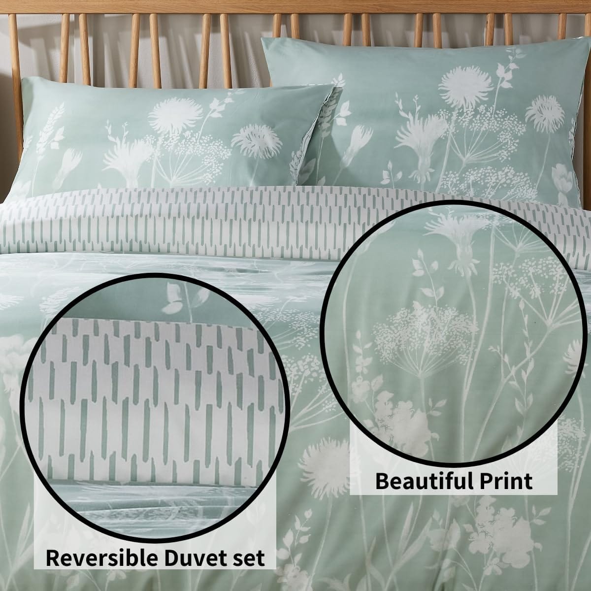 OLIVIA ROCCO Duvet Cover Set Meadow Sage Green Printed Reversible Quilted Easy Care - Joe’s Haven