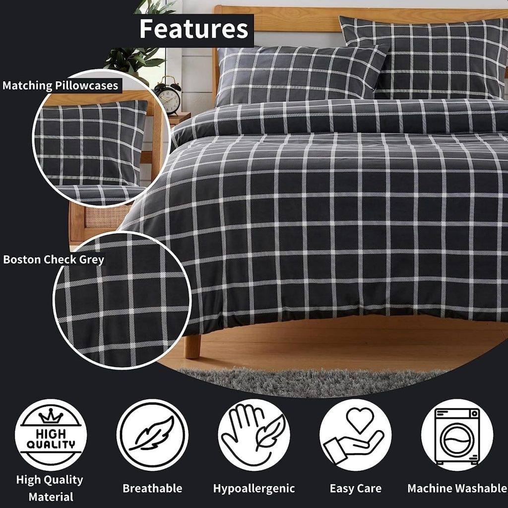 OLIVIA ROCCO Grey Check Reversible Duvet Cover Set Breathable Microfibre Easy Care - Joe’s Haven