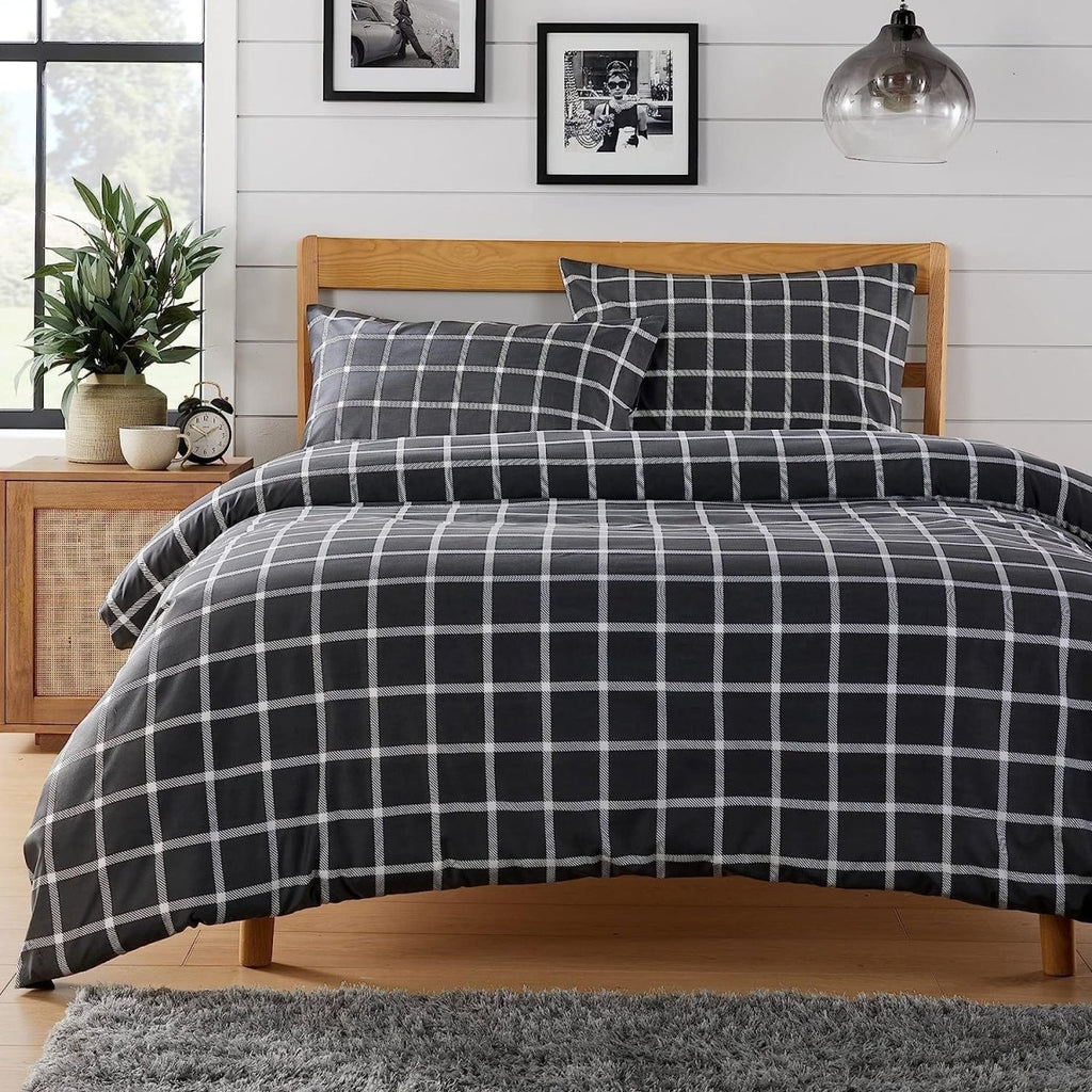 OLIVIA ROCCO Grey Check Reversible Duvet Cover Set Breathable Microfibre Easy Care - Joe’s Haven