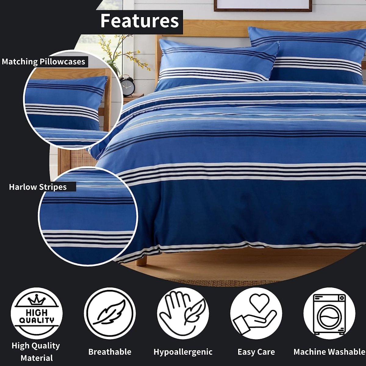 OLIVIA ROCCO Harlow Stripes Blue Duvet Cover Set With Pillowcases Breathable Microfibre for Easy - Care Everyday Luxury - Joe’s Haven