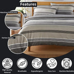 OLIVIA ROCCO Harlow Stripes Grey Reversible Quilted Duvet Cover Set With Button Closure - Joe’s Haven