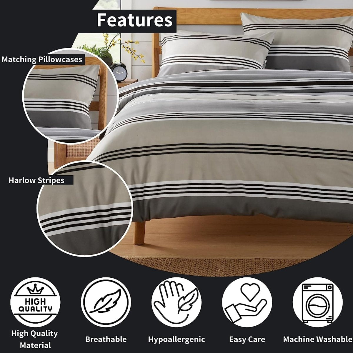 OLIVIA ROCCO Harlow Stripes Grey Reversible Quilted Duvet Cover Set With Button Closure - Joe’s Haven