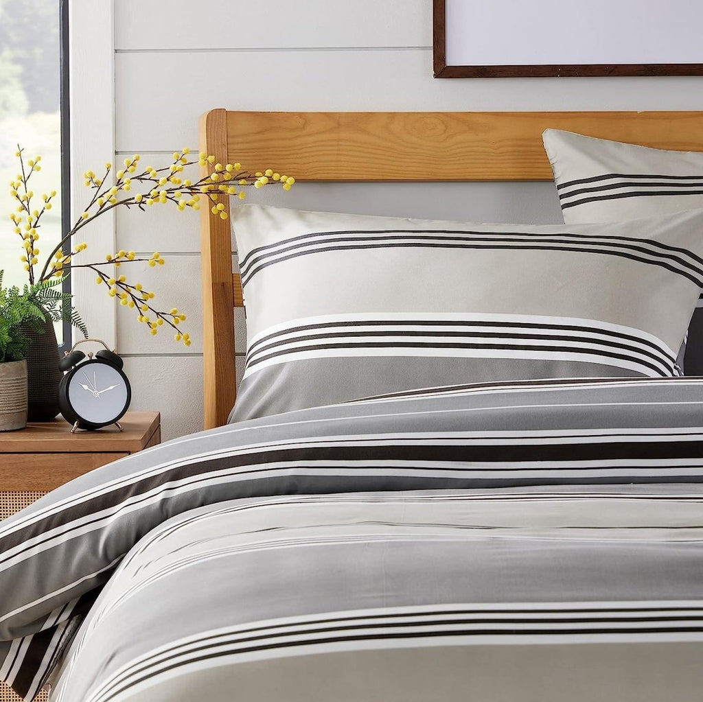 OLIVIA ROCCO Harlow Stripes Grey Reversible Quilted Duvet Cover Set With Button Closure - Joe’s Haven
