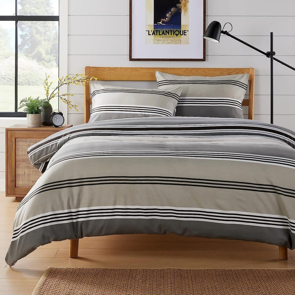 OLIVIA ROCCO Harlow Stripes Grey Reversible Quilted Duvet Cover Set With Button Closure - Joe’s Haven