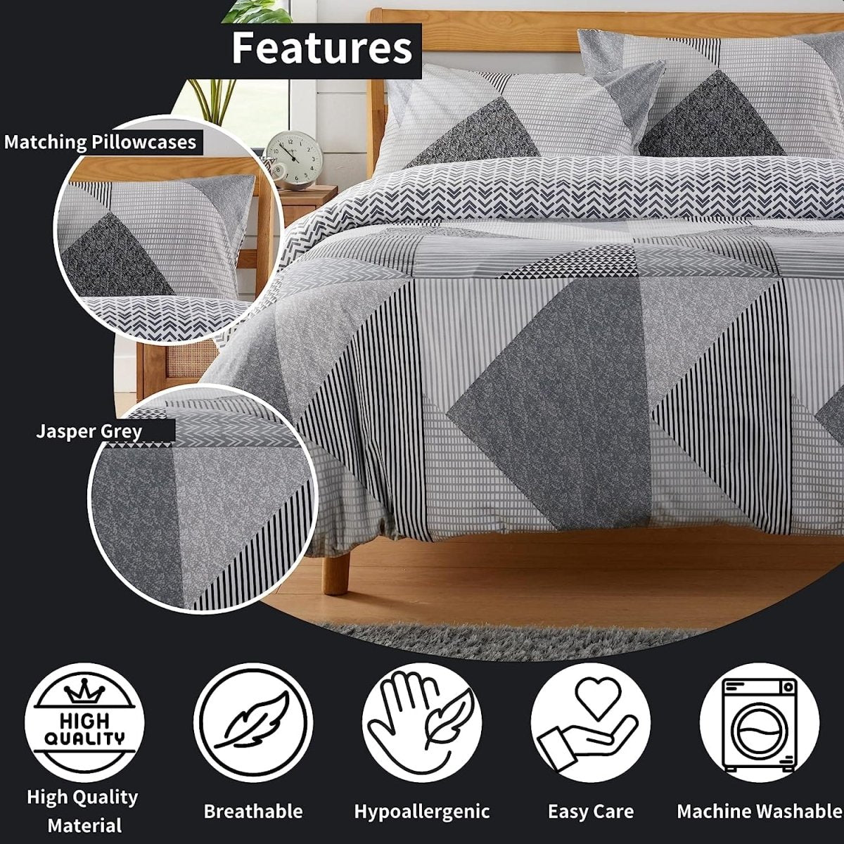OLIVIA ROCCO Jasper Grey Printed Reversible Quilted Duvet Cover Set With Button Closure - Joe’s Haven