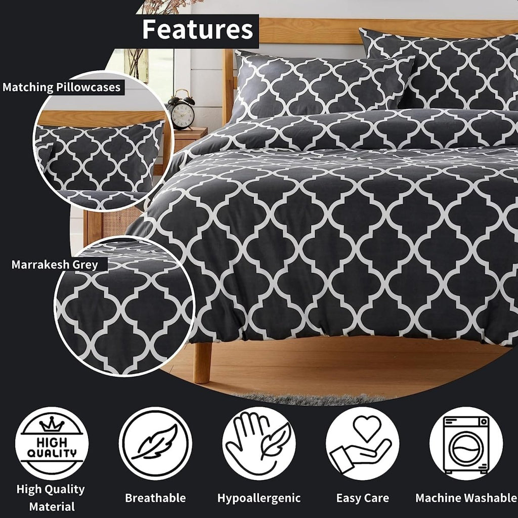 OLIVIA ROCCO Marrakesh Grey Printed Duvet Cover Set Easy Care With Pillowcases Hotel - Quality Super Soft Finish - Joe’s Haven