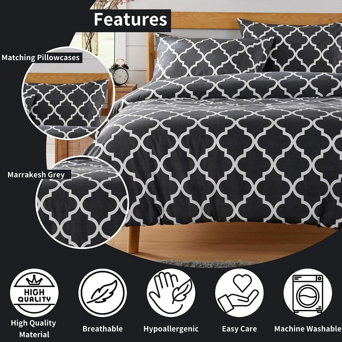 OLIVIA ROCCO Marrakesh Grey Printed Duvet Cover Set Easy Care With Pillowcases Hotel - Quality Super Soft Finish - Joe’s Haven