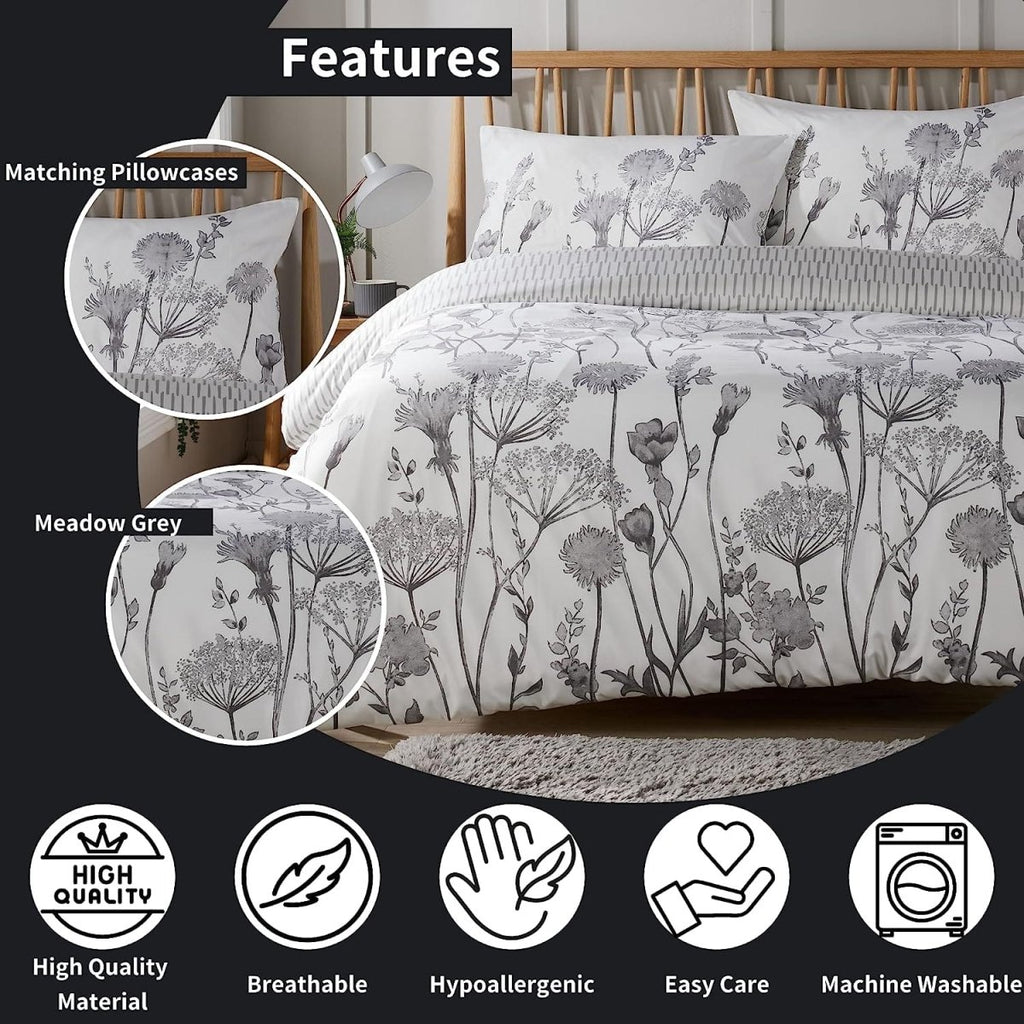 OLIVIA ROCCO Meadow Grey Reversible Duvet Cover Set With Pillowcases Breathable Microfibre for Everyday Luxury Hotel - Style - Joe’s Haven