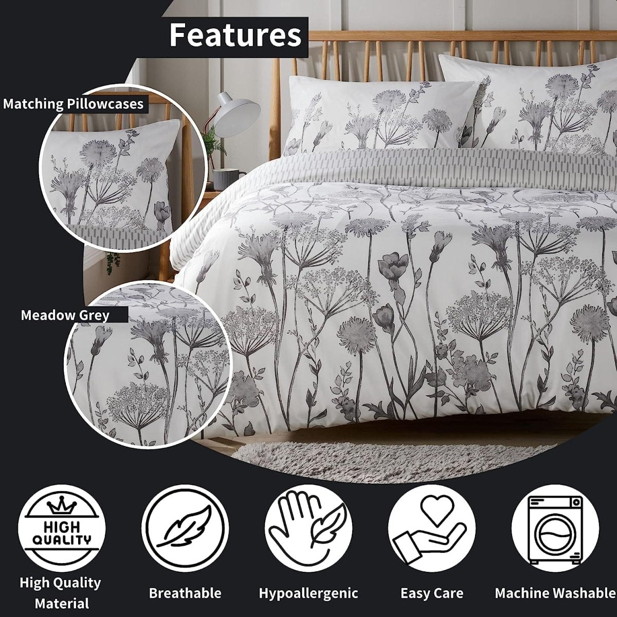 OLIVIA ROCCO Meadow Grey Reversible Duvet Cover Set With Pillowcases Breathable Microfibre for Everyday Luxury Hotel - Style - Joe’s Haven