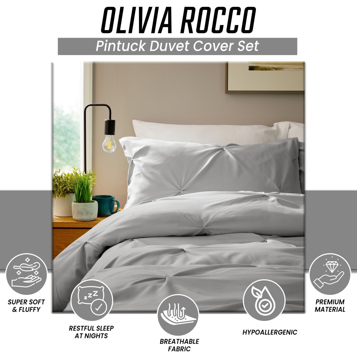 OLIVIA ROCCO Pintuck Grey Microfibre Duvet Cover Set With Pillowcases Soft Breathable - Joe’s Haven
