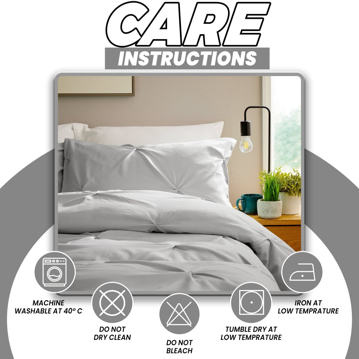 OLIVIA ROCCO Pintuck Grey Microfibre Duvet Cover Set With Pillowcases Soft Breathable - Joe’s Haven