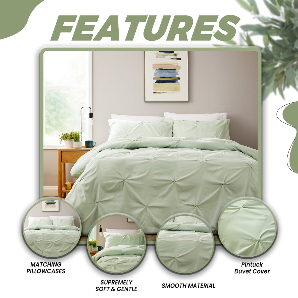 OLIVIA ROCCO Pintuck Sage Green Microfibre Duvet Cover Set With Pillowcases Easy Care - Joe’s Haven