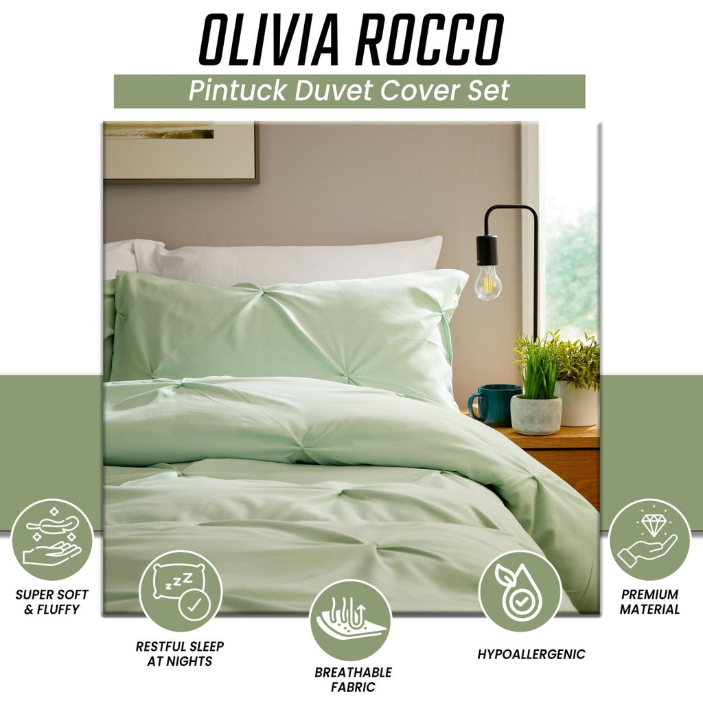 OLIVIA ROCCO Pintuck Sage Green Microfibre Duvet Cover Set With Pillowcases Easy Care - Joe’s Haven