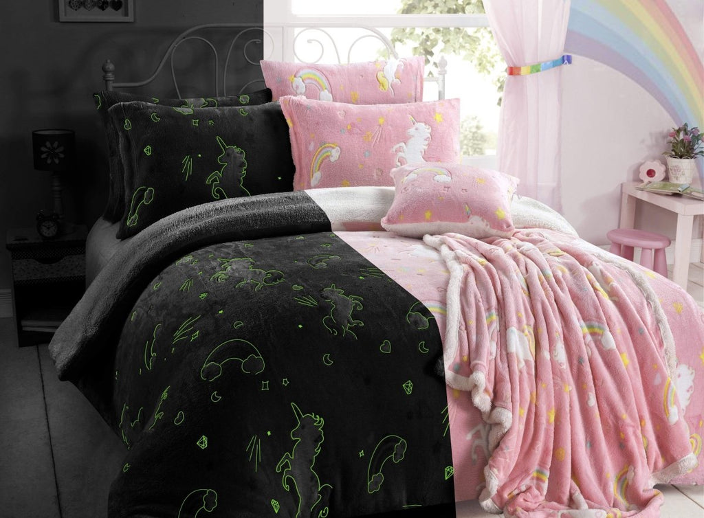OLIVIA ROCCO Rainbow Unicorn Glow In The Dark Teddy Fleece Duvet Set For Kids Super Soft - Joe’s Haven