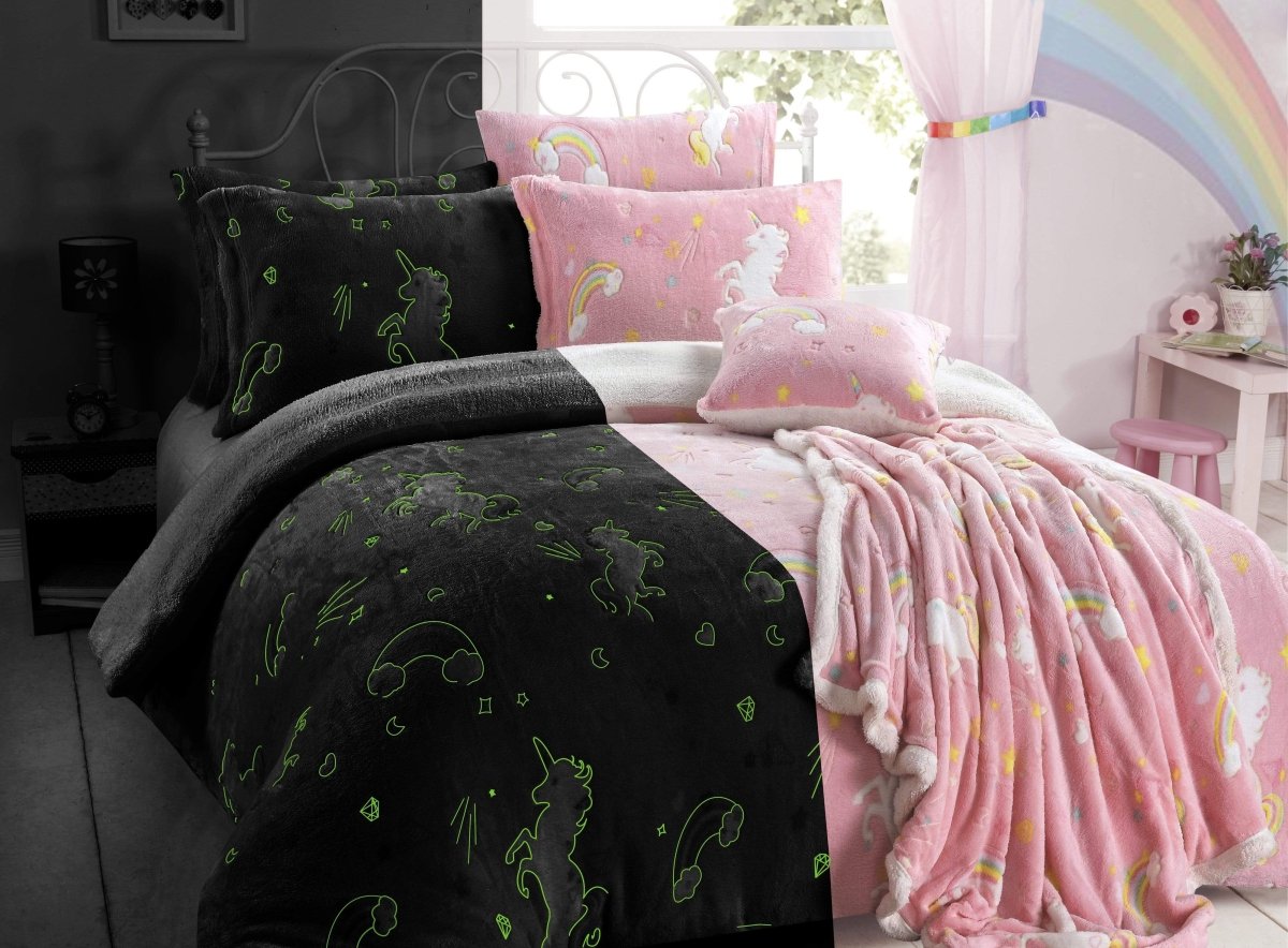 OLIVIA ROCCO Rainbow Unicorn Glow In The Dark Teddy Fleece Duvet Set For Kids Super Soft - Joe’s Haven