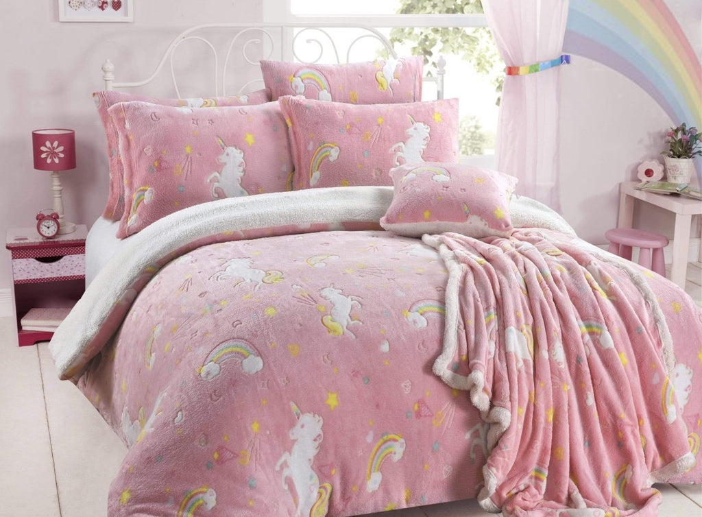 OLIVIA ROCCO Rainbow Unicorn Glow In The Dark Teddy Fleece Duvet Set For Kids Super Soft - Joe’s Haven