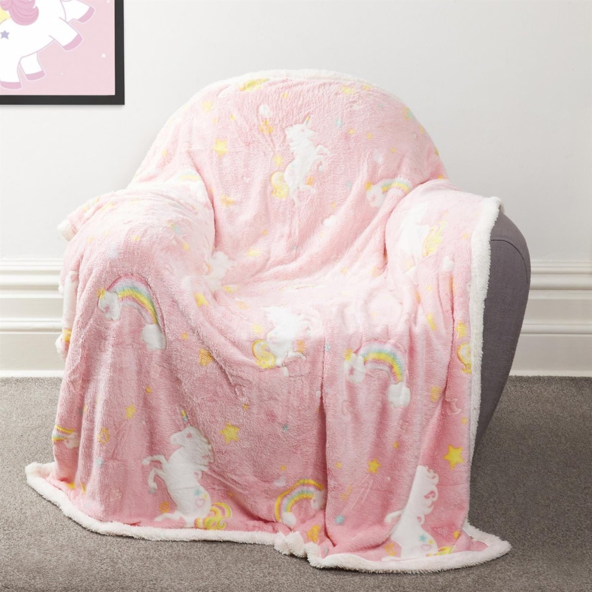 OLIVIA ROCCO Rainbow Unicorn Glow In The Dark Teddy Fleece Duvet Set For Kids Super Soft - Joe’s Haven