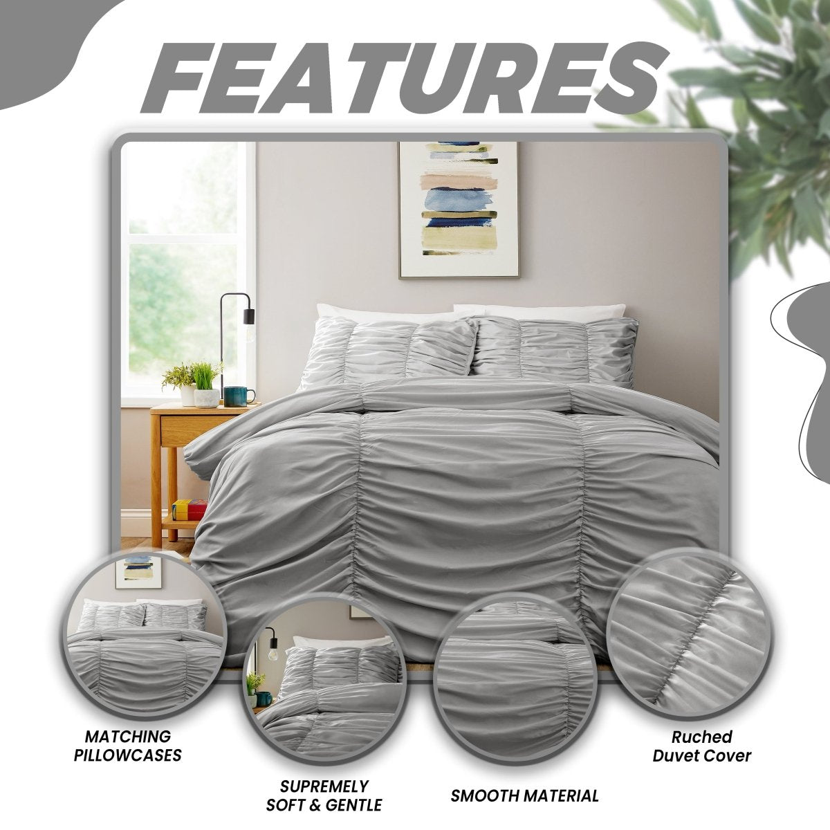 OLIVIA ROCCO Ruched Grey Microfibre Duvet Cover Set With Pillowcases Easy Care Bedroom Refresh Easy - Care Comfort - Joe’s Haven
