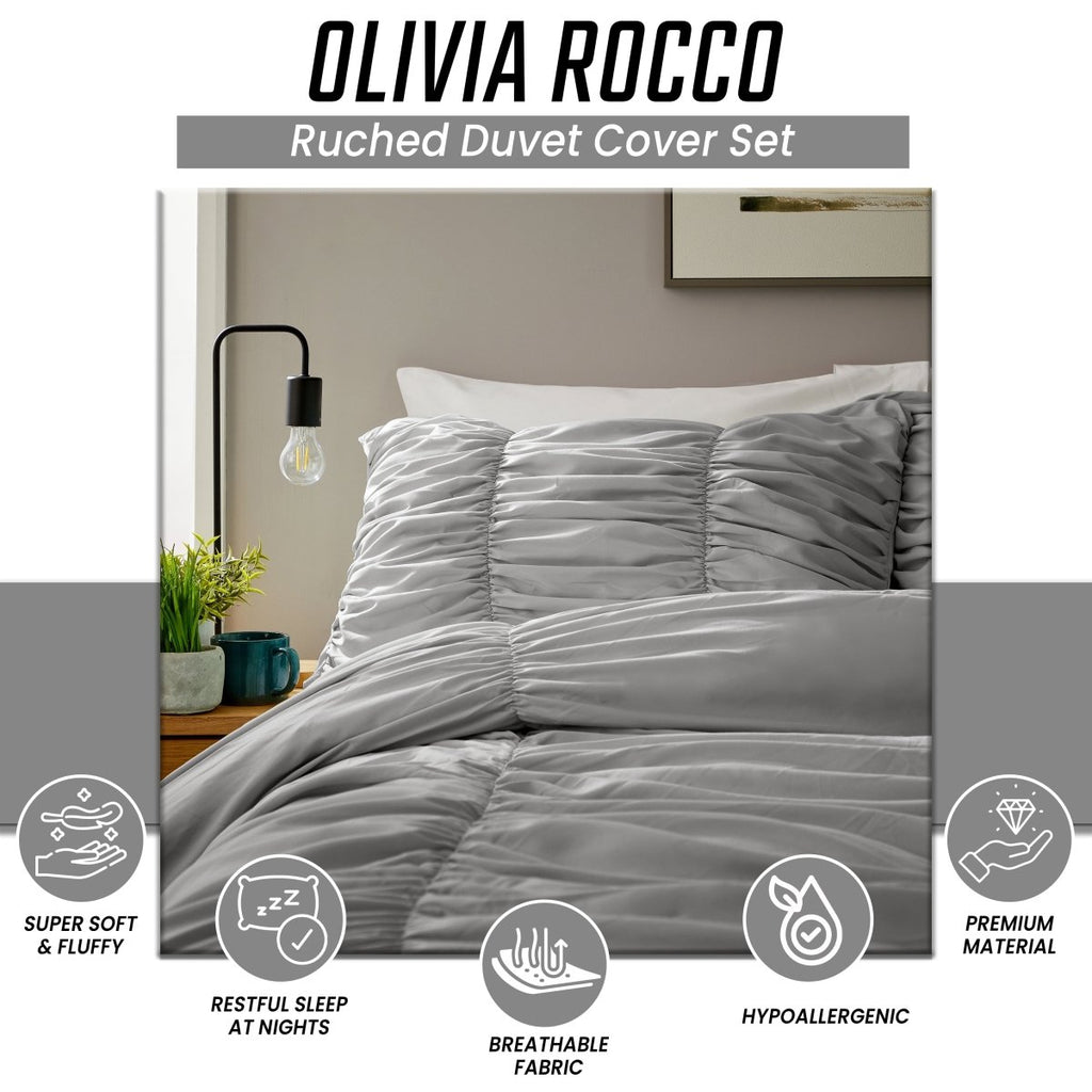 OLIVIA ROCCO Ruched Grey Microfibre Duvet Cover Set With Pillowcases Easy Care Bedroom Refresh Easy - Care Comfort - Joe’s Haven