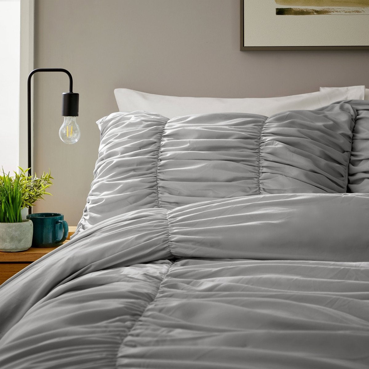 OLIVIA ROCCO Ruched Grey Microfibre Duvet Cover Set With Pillowcases Easy Care Bedroom Refresh Easy - Care Comfort - Joe’s Haven
